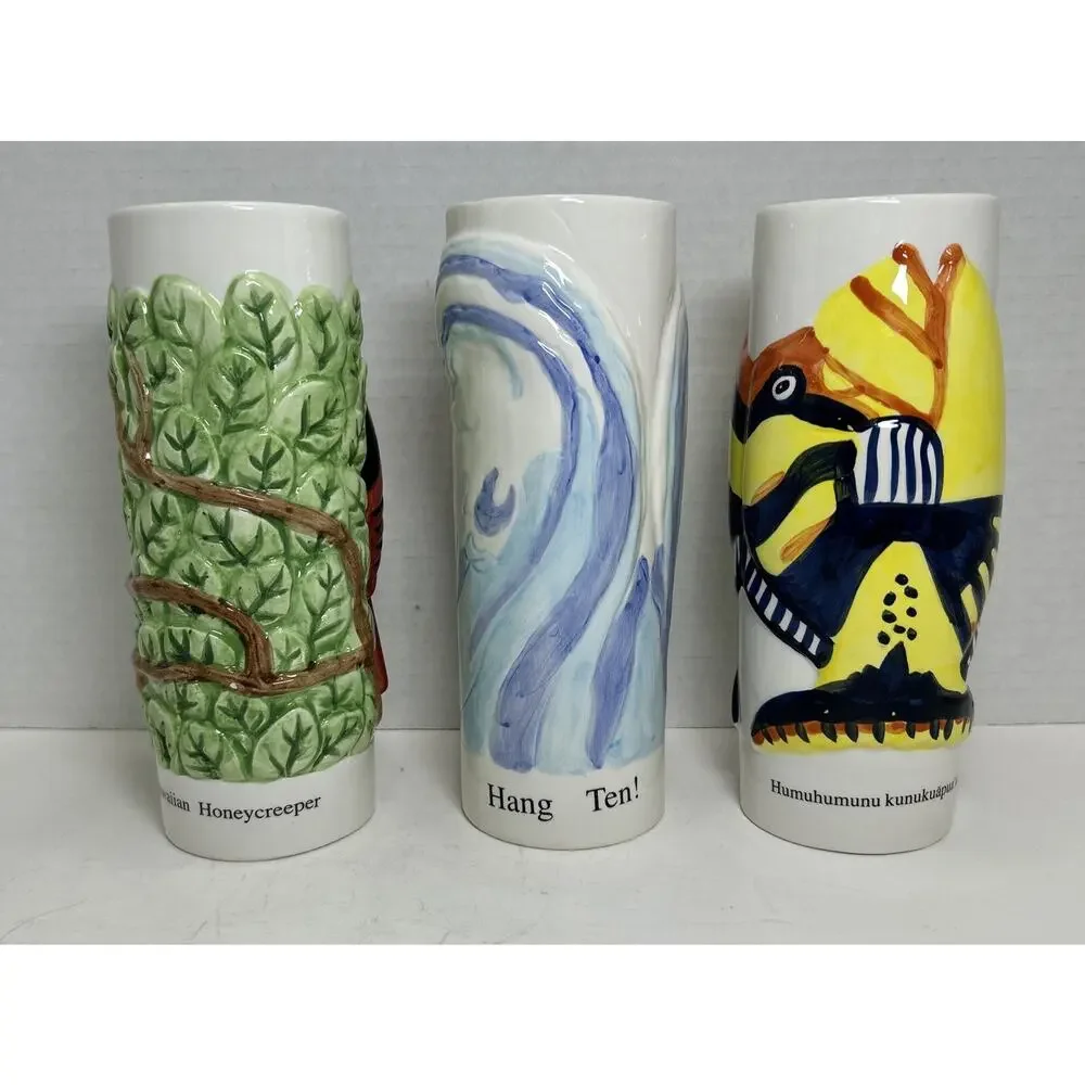 Vtg NCL Norwegian Cruise Line Tiki Mug 3pc Set-Surfer, Red Bird, Fish-Ceramic